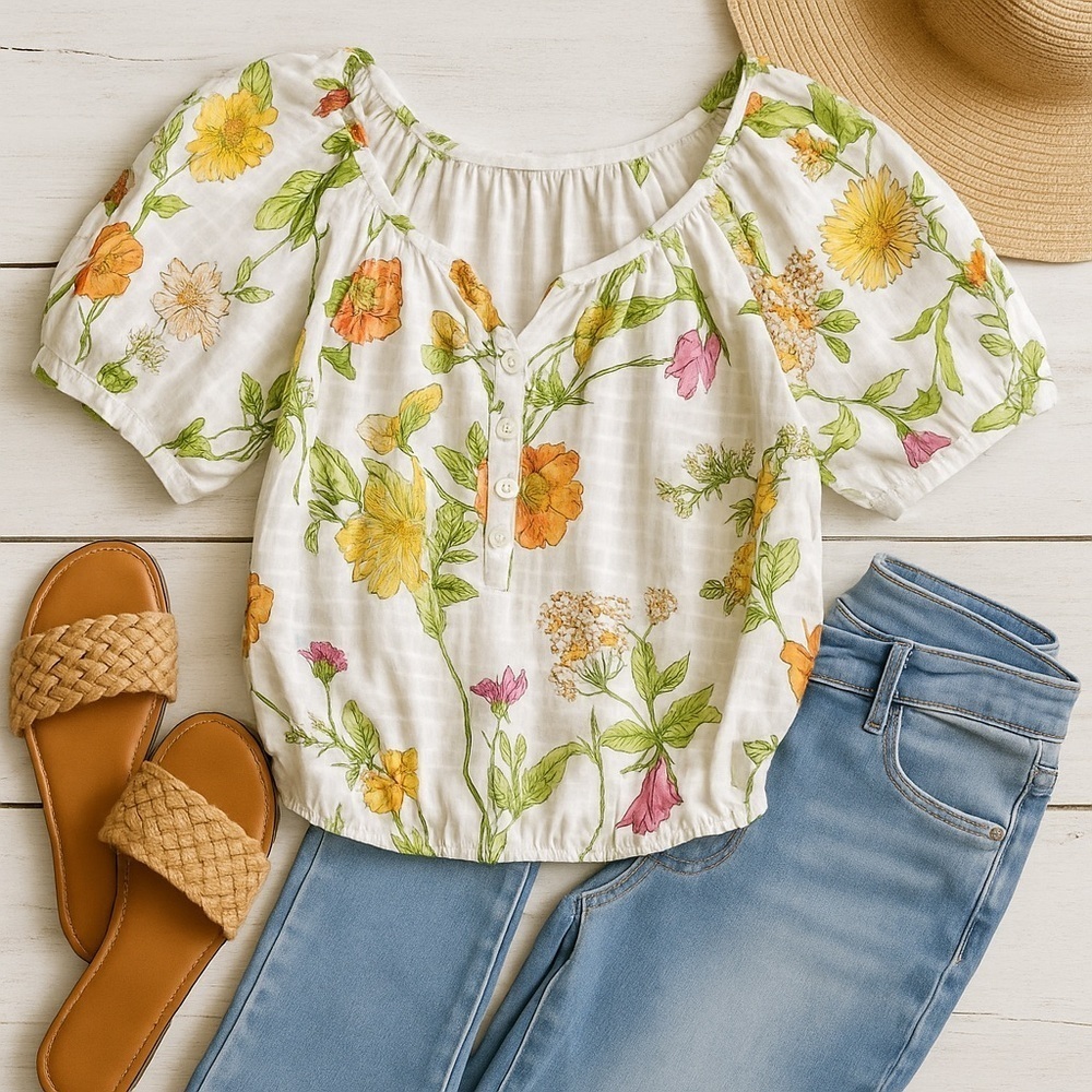 Jane Delancey Floral Puff Sleeve Peasant Blouse Size L Cottagecore Garden Top - Picture 3 of 11